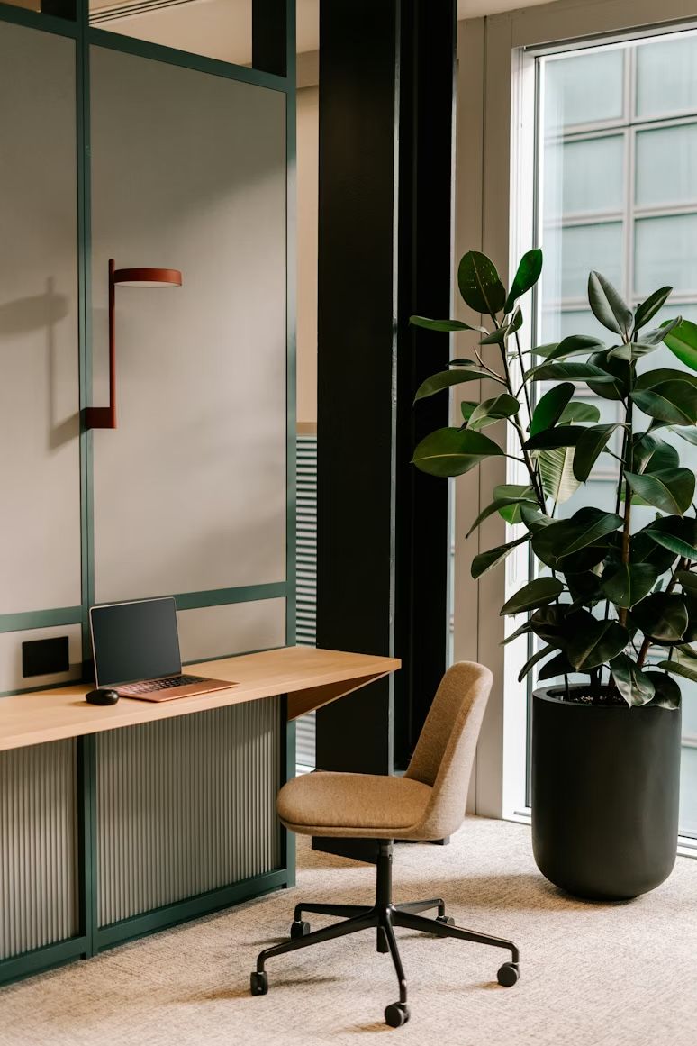 Clean modern office environment with whiteboards and open workspace