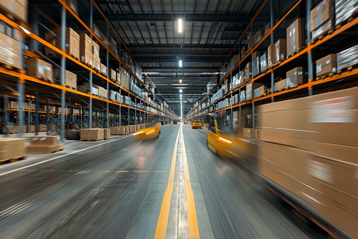 Motion-blurred forklifts moving through a large distribution warehouse with orange racking